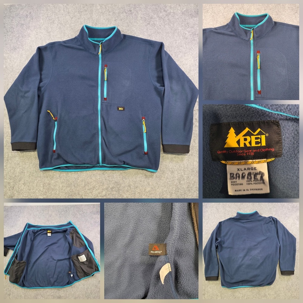 VTG REI Polartec Fleece Jacket Mens XL Blue Full Zip Hiking Thermal Pockets